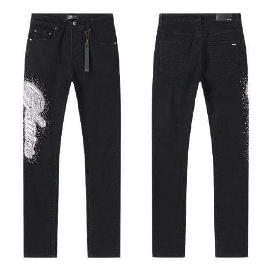 Black Denim Jeans with Rhinestone Script Logo